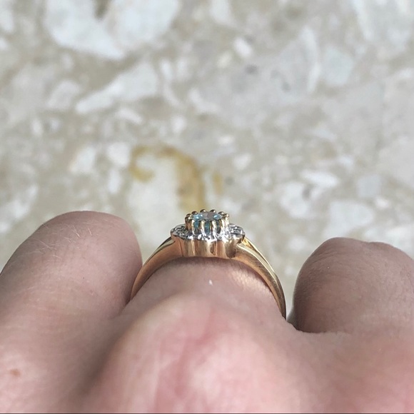 Sky Blue Topaz & Flower Diamond Halo Gold Ring - Picture 6 of 8